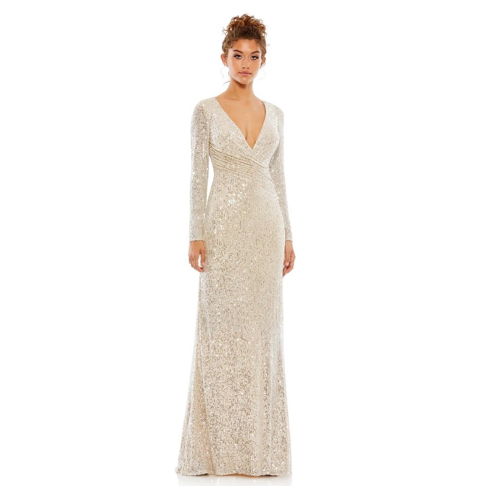 Mac Duggal Sequined Faux Wrap Long Sleeve Column Gown in Nude Silver Size 4